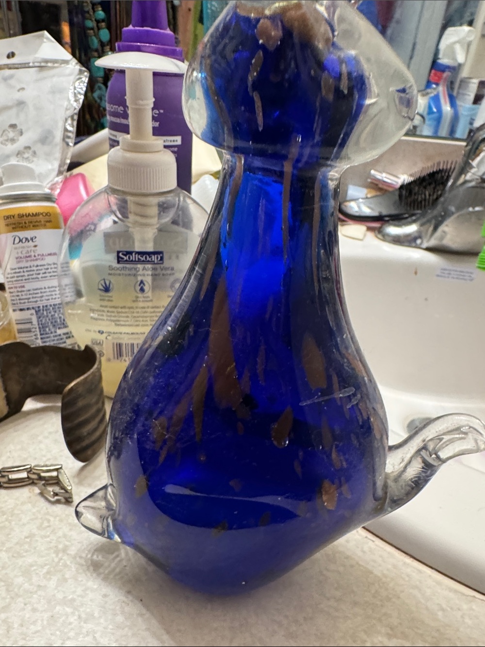 Murano Blue and Clear Hand-Blown Art Glass Decanter
